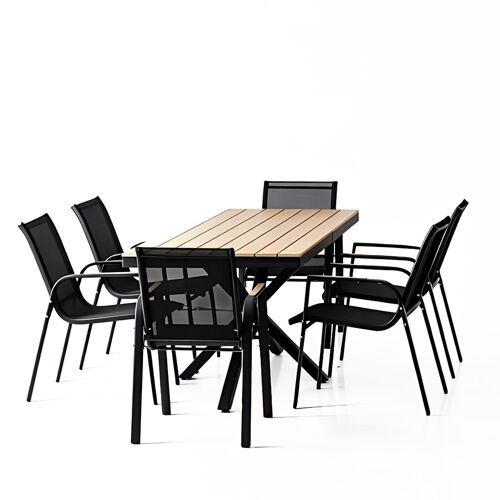 Ensemble De Jardin Table 190cm Effet Bois + 6 Fauteuils Almada
