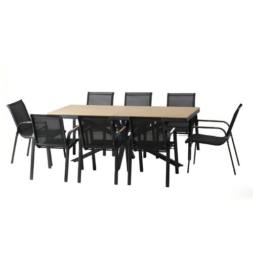 Ensemble De Jardin Table 190cm Effet Bois + 8 Fauteuils Almada