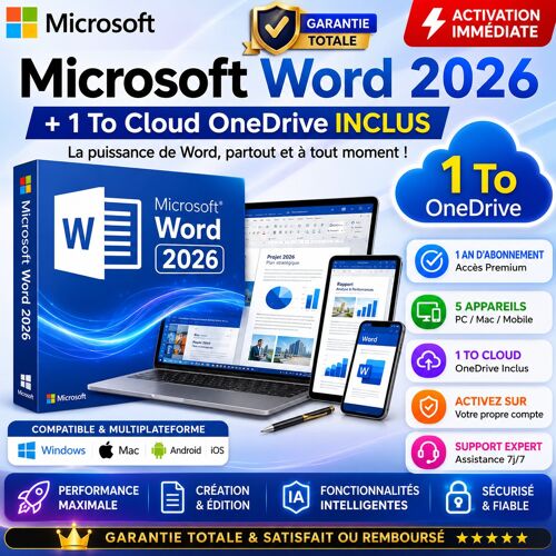 Microsoft Word 2026 + 1 To Cloud Onedrive - 1 An / 5 Appareils (Pc/Mac/Mobile) - Activation Sur Votre Propre Compte - Garantie Totale & Support Expert