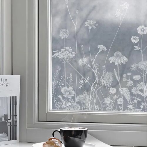 Film adhésif pour vitres décoratif effet verre dépoli laiteux motif fleurs blanc 120 x 58 cm auto-adhésif sans colle pose à l¿eau