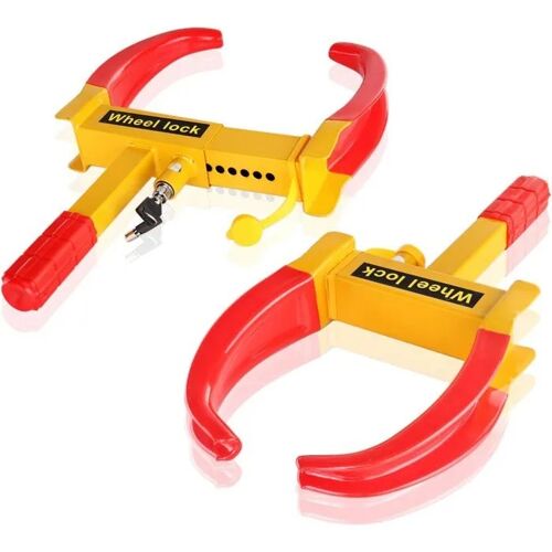 Kit 2 Blocages De Roues Antivol Universel Acier Antirouille Produit Universel Rouge/Jaune Réglable 28,5 À 45,7 Cm Pour Pneus 11,2