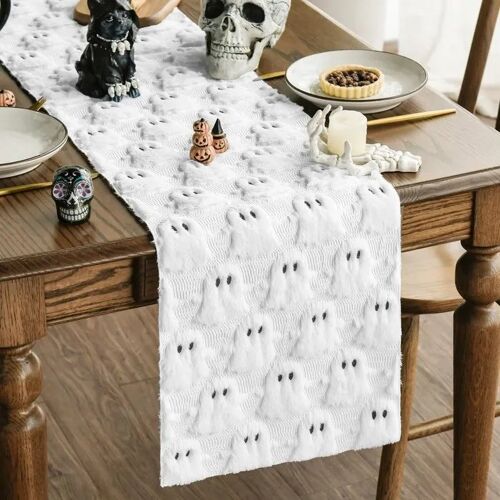 Chemin De Table Velours Décoratif Halloween Fantômes Blanc 33 X 153 Cm En Peluche Douce Pour Table 4-6 Personnes Rectangulaire