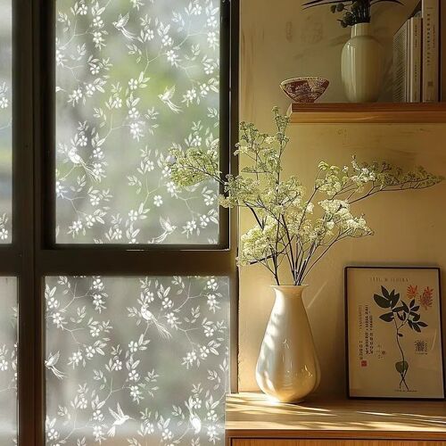 Film adhésif pour vitrage effet verre sablé motif oiseaux sur branches 58x200 cm blanc finition mate pose à l¿eau pour fenêtres