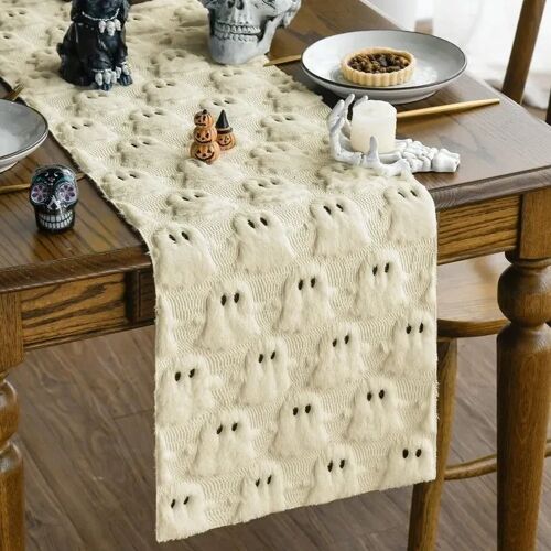 Chemin De Table Velouté Décoratif Halloween Fantômes Bruns 33 X 183 Cm Rectangulaire Tissu Doux Protège Table Pour Repas 4 À 6