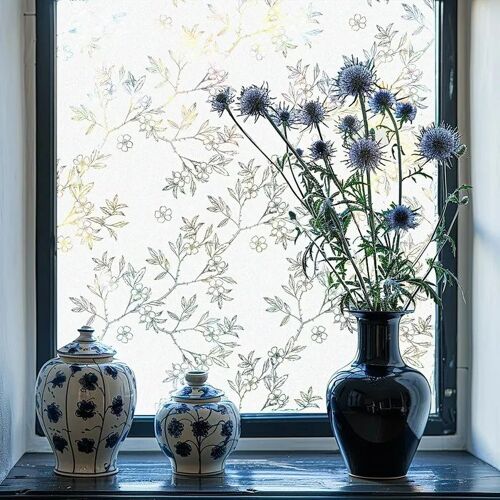 Film adhésif décoratif pour vitres nacré effet verre dépoli sablé pivoines blanches, autocollant sans colle, 58 x 200 cm