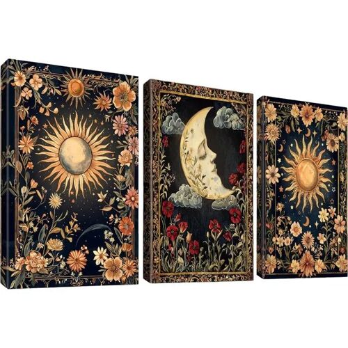Tableau sur toile HALFLEMART triptyque Boho gothique Sun Moon tarot astrologie 3 panneaux 120x60 cm prêt à accrocher cadre bois
