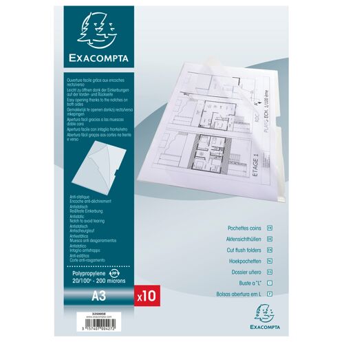 Exacompta Sachet De 10 Pochettes Coin Polypropylène Rigide Haute Résistance 20/100e - A3