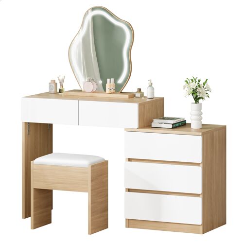 ALFORDSON Coiffeuse avec miroir, 5 tiroirs spacieux et tabouret de rangement, éclairage LED réglable sur 10 niveaux, Dressing Table moderne pour femmes et filles, Noyer et Blanc