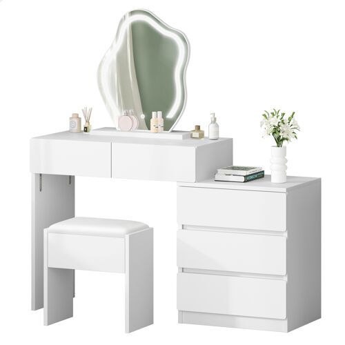 ALFORDSON Coiffeuse avec miroir, 5 tiroirs spacieux et tabouret de rangement, éclairage LED réglable sur 10 niveaux, Dressing Table moderne pour femmes et filles, Blanc