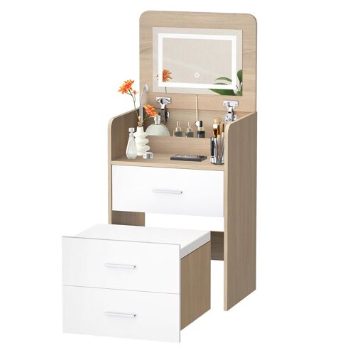 ALFORDSON Coiffeuse miroir LED, meuble de maquillage, plateau pliable, table de bureau 2 tiroirs éclairage, tabouret de rangement, table de maquillage pour chambre à coucher ou appartement, Chêne