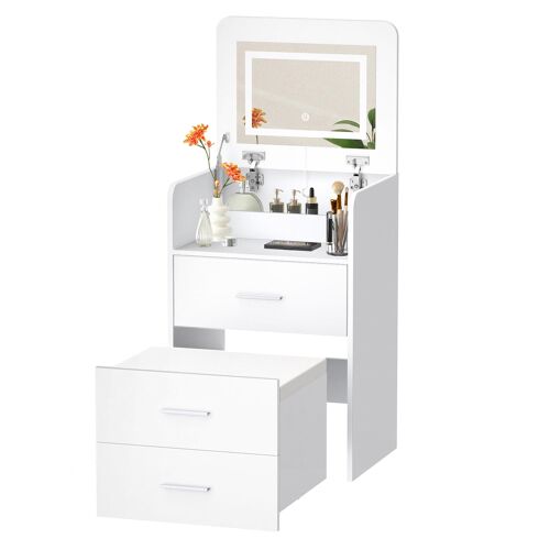 ALFORDSON Coiffeuse miroir LED, meuble de maquillage, plateau pliable, table de bureau 2 tiroirs éclairage, tabouret de rangement, table de maquillage pour chambre à coucher ou appartement, Blanc