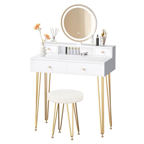 ALFORDSON Coiffeuse blanche à tiroirs, coiffeuse moderne cannelée avec miroir LED, tabouret assorti, poignées coniques dorées, pieds en épingle à cheveux, appartement, petits espaces, Blanc
