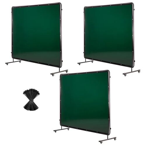 Écran de Soudage Mobile à 3 Panneaux avec Cadre-Duoku-1,74 x 2,34 m, Rideau en Vinyle Ignifuge, 12 Roulettes, Vert Foncé