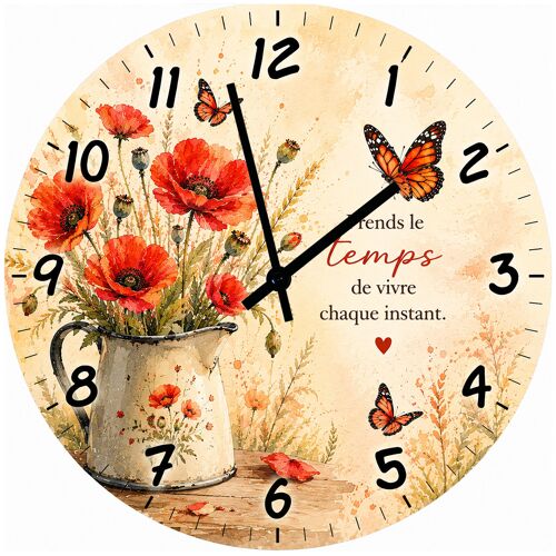 Horloge Murale Verre Coquelicots et Papillons 29 cm