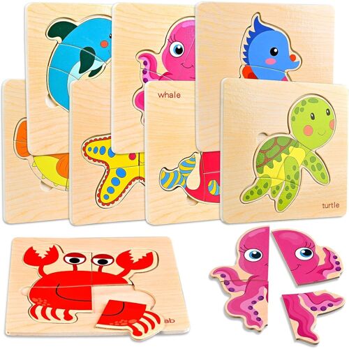 KALANKA-8 Puzzles en Bois Enfant, Jeux Bébé, Jouet Montessori pour Garçons Filles, Cadeau Anniversaire Halloween Noël, Cube Animaux Marins, Éducatifs 1 2 3 Ans