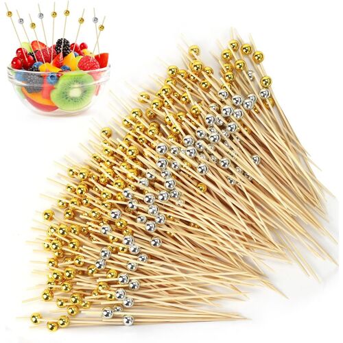 KALANKA-300 Pièces Pics à Cocktails, Bâtonnets à Cocktail en Bois Cures-Dents Décoratifs Décoration Perles d¿ Or et d¿ Argent pour Cocktails, Amuse-Gueules et Décoration de Fête, 12.5cm