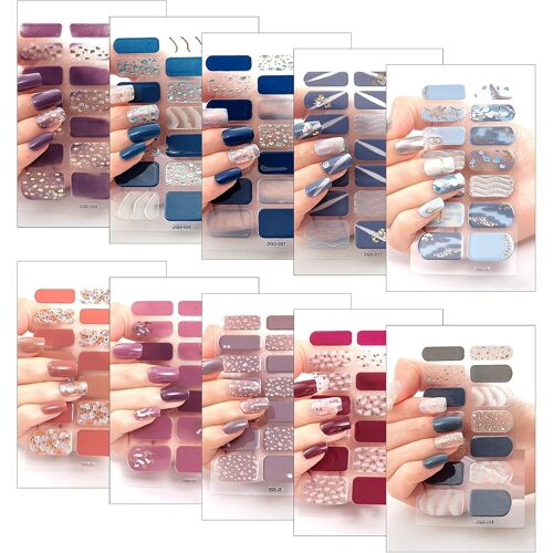 Kalanka-Autocollants À Ongles Auto-Adhésifs, 140 Pièces 10 Feuilles, Bande De Vernis À Ongles De Couverture Complète Nail Art Pour Femmes Filles Nail Designs 