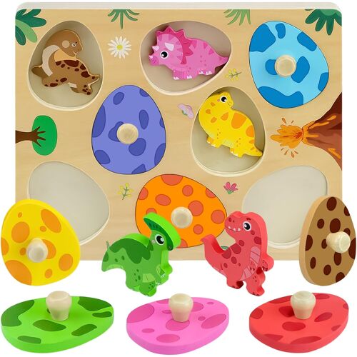 KALANKA-Montessori - Jouet 3D en bois pour enfant - Puzzle ?ufs de dinosaure - Jouet en bois à partir de 1 an - Puzzle de préhension - Jouet de motricité - Cadeau d'anniversaire de Pâques - Cadeau