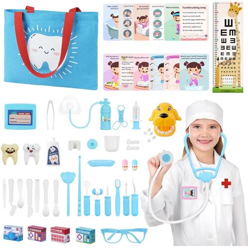 KALANKA-Malette de Docteur Enfant, 64 Pièces Kit de Médecin Déguisement de Docteur avec Stéthoscope, Blouse de Médecin, Jouet d'Imitation Cadeau pour Fille Garçon Enfant 3 4 5 6 7 Ans