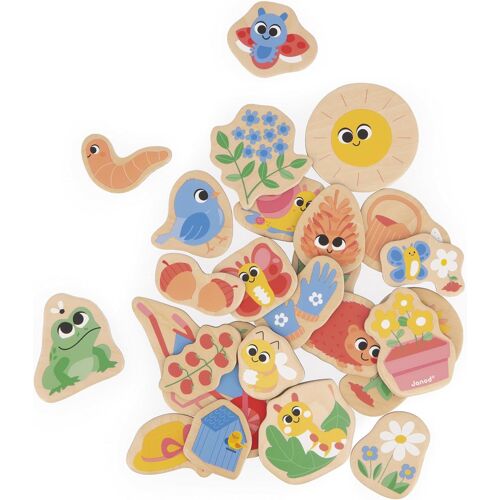 KALANKA-- 24 Magnets en Bois Aimantés - Thème Jardin - Animaux du Jardin - Jouet en Bois - Idéal Tableau ou frigo - Jeu Éducatif Magnétique, pour Manipuler, Expérimenter et s¿Amuser - Dès 2 Ans, J096