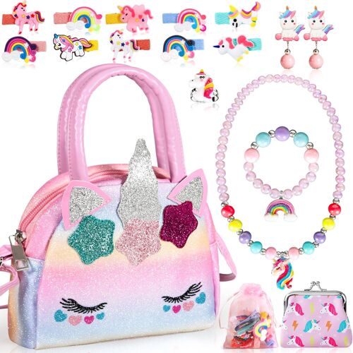 KALANKA-Licorne Sac a Main Bijoux Enfants Fille, Bijoux Enfants Fille, Sac a Main Enfant Filles, Bagues, Boucles d'oreilles, Colliers, Bracelets, épingles à Cheveux, pour 1 2 3 4 5 6 Ans