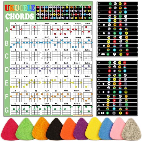 KALANKA-Ukulélé Kit débutant : diagramme d'accords, autocollants pour touche, médiators ¿ Vinyle noir et blanc, accessoire pour ukulélé