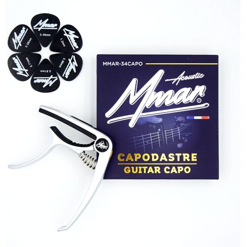 Kalanka-® Capo - Capodastre Pour Guitare + 6 Médiators 0.46/0.58/0.71/0.81/0.96/1.2mm - Guitare Acoustique, Électrique, Basse, Banjo Et Ukulélé | Argent
