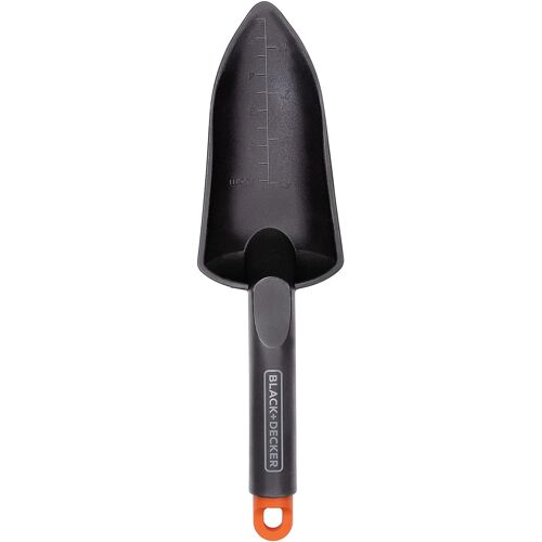 KALANKA-Black+Decker Mini Pelle avec Indication de Mesure - Pelle de Jardin 30,5 cm - Outils Jardinage - Truelle Polypropylène - Noir/Orange