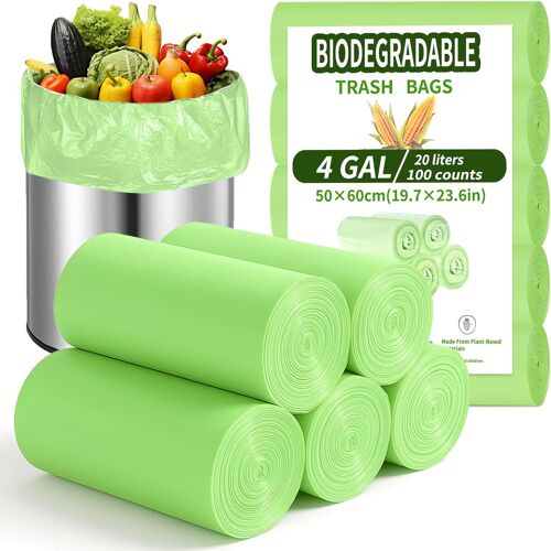 KALANKA-Lot de 100 Sacs Poubelle 20L Compostables - 20 litres Sacs Poubelle de Cuisine et Bureau - Vert 50x60 cm