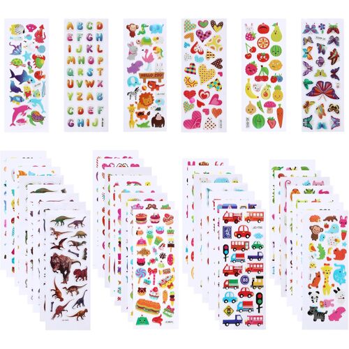 KALANKA-36 feuilles de autocollant enfant, stickers 3d avec + de 850 motifs colorés ¿ gommettes enfant avec animaux, fruits, chiffres, lettres, voitures, dinosaures ¿ vivants et mignons pour garçons