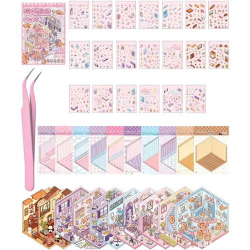 KALANKA-Ensemble de 10 pièces Stickers Scene Autocollant 3D de Scène, Sticker Scene Miniature avec 1 Pincette, House Aménagement paysager Miniature Autocollants pour Adultes, Enfants