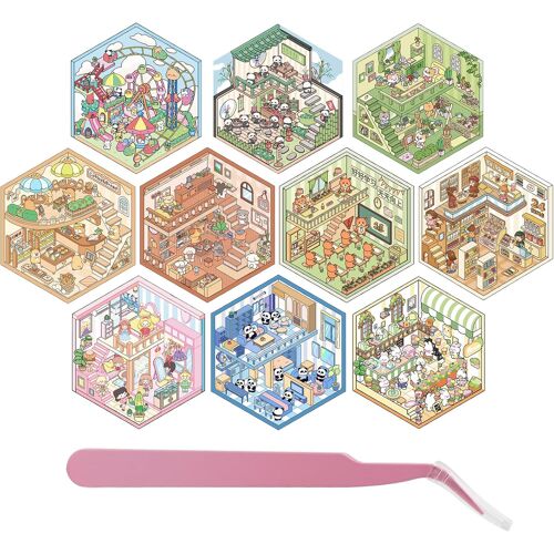 Kalanka-10 Pièces 3d Stickers Scènes Miniature, Stress Relief Autocollant Scene Avec Pincette, 3d House Sticker Scene Kit Pour Projets De Bricolage Et Travaux Manuels