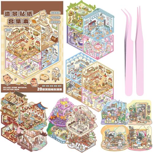 KALANKA-20 Pièces 3D Miniature Scene Stickers Set, Autocollants de Scène avec 2 Pincettes, Autocollants 3D, House Stickers pour Adultes et Filles, Cadeau d'Anniversaire, Outil de Décoration