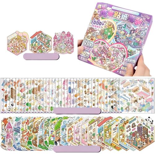 KALANKA-20 Pièces Sets 3D House Cozy Sticker Scene Kit,Livre Autocollant Sticker 3D Adulte Scene, Stress Relief 40 PET Autocollants Scene,20 DIY Miniature House,pour Adulte Enfants Adolescent(A)