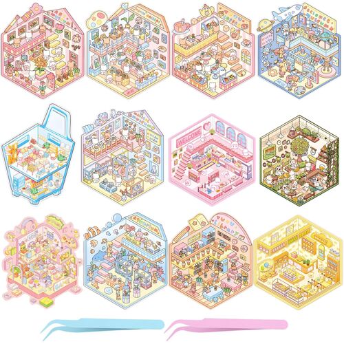 KALANKA-12 Set Autocollants 3D Scene, DIY Stickers Scène Miniature 3D Fabrique à Sticker, Autocollant de Scène de Cabine de Dessin Animé avec 2 Pince à Épiler pour Adultes et Enfants (Style 3)