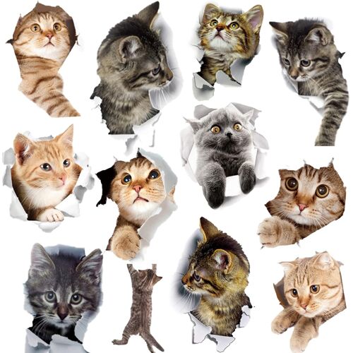 KALANKA-Lot de 12 autocollants 3d en forme de chats mignons - Pour réfrigérateur - Amovibles - Décoration de la maison, cuisine, réfrigérateur, salle de bain, chambre à coucher (cat-001