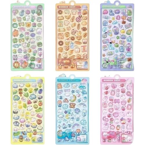 Kalanka-Lot De 6 Feuilles D'autocollants 3d Puffy Cute, Mini Kawaii, Autocollants Animaux De Dessin Animé, Autocollants Décoratifs En Résine Mignon, Imperméables, Réutilisables, Pour Scrapbooking, Ét