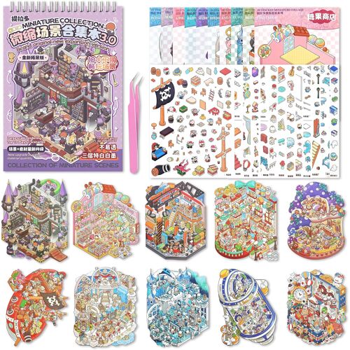 Kalanka-Livre De Stickers 3d Miniature ¿ Version Améliorée Scène D¿Autocollants Créative Avec 10 Décors À Construire, Pince Incluse ¿ Autocollants 3d Maison Miniature Diy, Livre D¿Autocollants Réutil