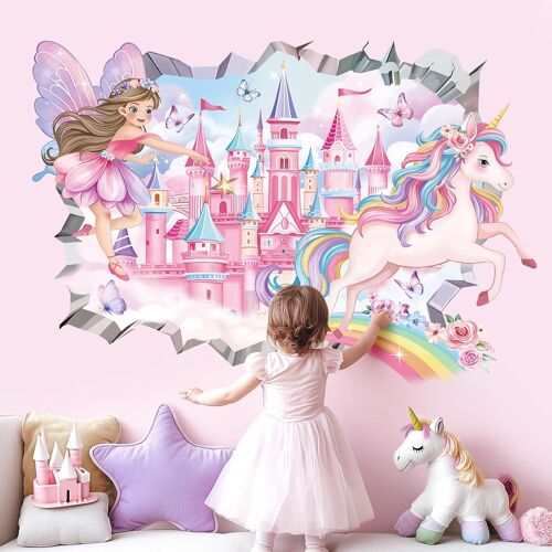 KALANKA-Stickers Muraux Enfants 3D Fée Fille Château Autocollant Mural Licorne Arc en Ciel Papillons Décoration Murale Bébé Pépinière Chambre Enfants