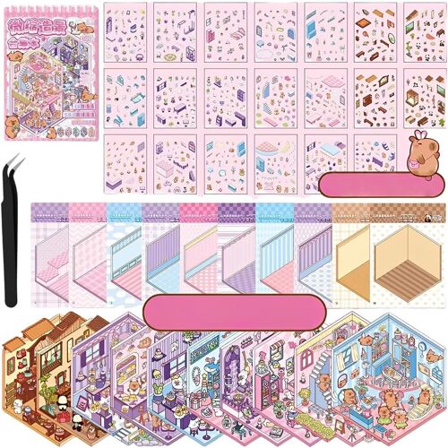 KALANKA-1 Jeu De Scene Stickers 3d, Diy House Set,Avec Une Pince En Acier Inoxydable Noire De 11,5 Cm, 10 ScéNarios : Boulangerie, Café, Cadeaux Pour Enfants
