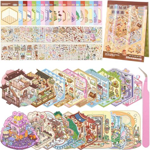 KALANKA-Lot de 20 autocollants de maison 3D à faire soi-même, livre de collection 3D, scène 3D, cabane miniature simulée jeu de scène, autocollants de dessin animé mignons pour adultes et enfants