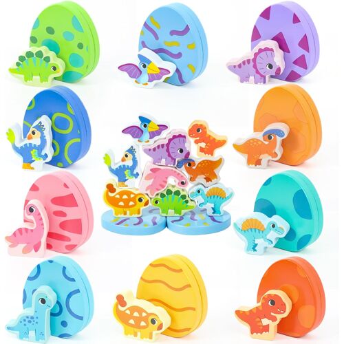 KALANKA-Jouet ?uf de Dinosaure en Bois dès 1 2 3 an ¿ Jouet sensoriel Montessori pour bébés, Jeu de Correspondance des Formes & entraînement de la motricité Fine, Cadeau Dinosaure 10 pcs pour garçons