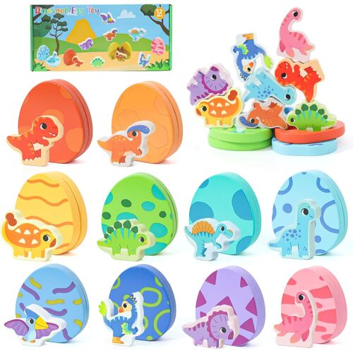 KALANKA-Jeu Montessori 1 An, Jeu Puzzle en Bois Bebe 1 An -Oeuf de Dinosaure, Jeux Educatif Enfants 12-36 Mois Jouet Enfant 18 Mois, Puzzle Animal Préhension Jeu de Tri, Idéal Cadeaux pour Garçon Fil