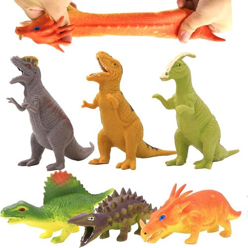KALANKA-Jouet dinosaure 8 Pouces (6 sacs) , Monde Animal Dinosaure Garçons enfant Souvenirs Fête,Caoutchouc Alimentaire de Qualité Médicale étirable, avec Boîte Cadeau et Carte de Ressources Apprenti
