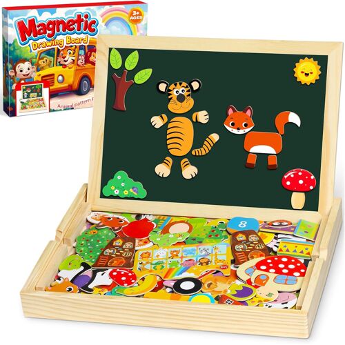 KALANKA-130 Pièces Puzzles en Bois Magnétique - 2025 Nouveau Jouet Montessori avec Double Face Aimanté | Modèle de Fruits Animaux Mignons - Jouet Educatif Enfant 3 Ans Plus