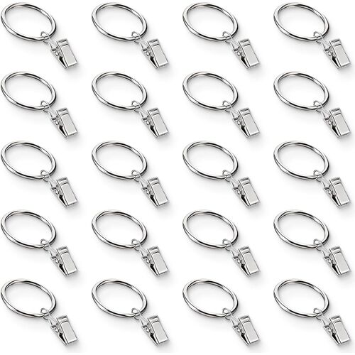 KALANKA-20 Pièces Anneau Rideau avec Pinces,Anneaux de Suspension de Rideaux en Acier Inoxydable avec des Clips,Pince Rideaux,Décoratif Métal Drapé Clip,32mm Diamètre Intérieur (Argent)
