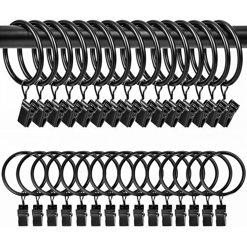 Kalanka-30 Pièces Anneaux Rideaux Avec Pinces, Pour Tringle À Rideaux, Avec Métal Pince Rideau, Acier Inoxydable, Pour Rideaux De Douche Et De Fenêtre Diamètre Intérieur De 32mm Noir
