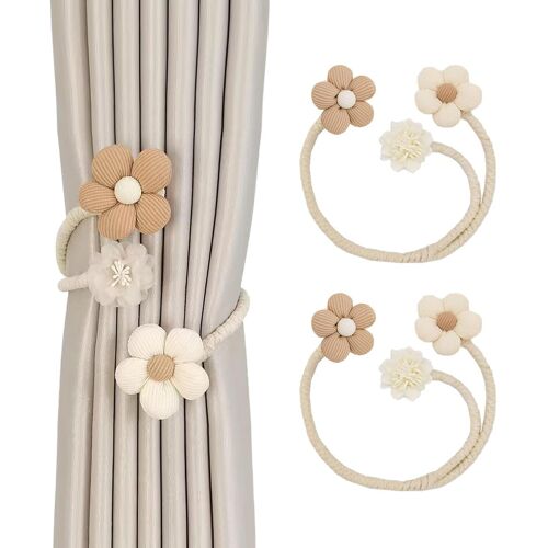 KALANKA-2 Pièces D'embrasses de Rideaux, Attaches de Rideaux à Fleurs Boho Pivotantes à 360°, Attaches de Rideau à Fleurs Réglables, sans Perforation Pinces à Rideaux Décoratives (Beige+ Marron)