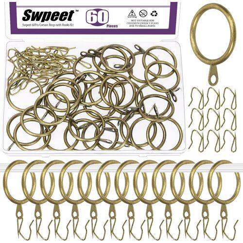 Kalanka-60pcs 32mm/1.3"" Diamètre Intérieur Anneau De Rideau En Métal En Bronze Avec Pin-On Drapery Crochets Kit D'assortiment, Drape Coulissant Eyelet Anneau Métal, Pour Fenêtre Porte Rideau De Douch