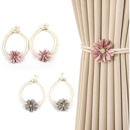 KALANKA-Embrasse Rideau 4 Pièces - Attache Rideau Réglable sans Percage - Décoration Florale avec Perles - Gris et Rose - pour Salon, Chambre, Jardin